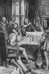 Inigo Jones ukazuje králi Jakubovi I. své plány na přestavbu Whitehallu (litografie) od Edward Frederick Skinner