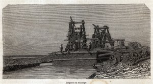 Dredges na Suezském průplavu, kresba Greneta, pro ilustraci exkurze do Suezského průplavu v roce 1862 od Paula Merruaua. Rytina v „“Le tour du monde““, editoval Edouard Charton od Edward Grenet