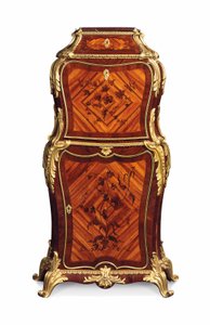 Petit secretaire a abattant, kolem roku 1860 (ormolu s intarziemi z královského dřeva, tulipánu a amarantu) od Edward Holmes Baldock