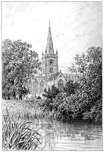 Stratfordský kostel při pohledu z řeky, Stratford-upon-Avon, Warwickshire, 1885. od Edward Hull