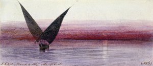 Egyptská loď na Nilu v Manfalootu (Egypt). Kolorovaná akvarelová kresba od Edward Lear