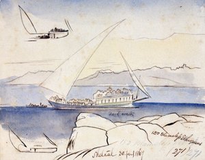 Egyptská loď na Nilu poblíž Šetaalu (Egypt). Kolorovaná akvarelová kresba od Edward Lear