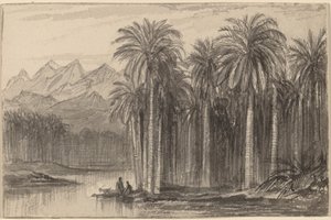 Postavy vyjíždějící na kánoích z palmového háje (Wady Feiran) od Edward Lear