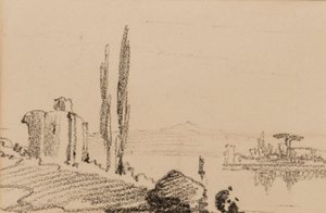 Italské capriccio, cca 1837 (černá křída na papíře) od Edward Lear