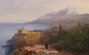 Hora Athos a klášter Stavronikétes, 1857. od Edward Lear