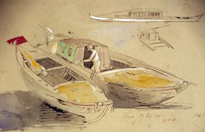 Studie benátských lodí na pobřeží. Kolorovaná akvarelová kresba, autor Edward Lear (1812-1888). od Edward Lear