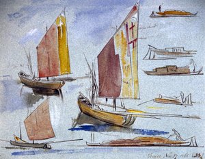 Studie benátských lodí s plnou plachtou a kotvištěm. Kolorovaná akvarelová kresba, autor Edward Lear (1812-1888). od Edward Lear