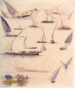 Studie různých egyptských lodí. Kolorovaná akvarelová kresba od Edward Lear