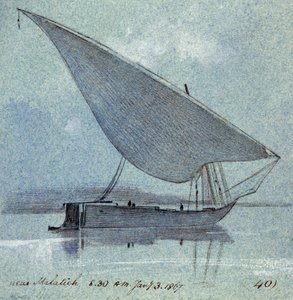 Studie egyptského člunu (gyasi) u Malatie (nebo Malatia, Egypt). Kolorovaná akvarelová kresba od Edward Lear