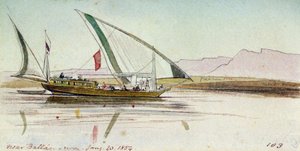 Studie gyassi (egyptské lodi), na Nilu u Ballasu (Egypt). Kolorovaná akvarelová kresba od Edward Lear