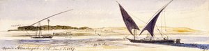 Rozloha Nilu a jeho břehů, dvě tradiční egyptské lodě, včetně lodi Dahabeeya. Barevná akvarelová kresba od Edward Lear