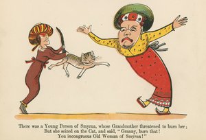 Ze Smyrny byla mladá osoba, které babička vyhrožovala, že ji upálí, z knihy „Kniha nesmyslů“, kterou vydal Frederick Warne and Co., Londýn, kolem roku 1875