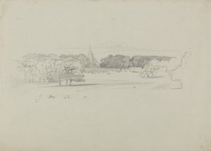 Pohled přes louku na kostel od Edward Lear