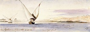 Pohled na Nil u Golosony (Egypt) s tradiční egyptskou lodí. Kolorovaná akvarelová kresba od Edward Lear