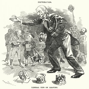 Punch cartoon: Distribuce. Liberální tipy na odchod (rytina) od Edward Linley (after) Sambourne