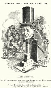 Punch cartoon: James Nasmyth, skotský inženýr a vynálezce parního kladiva (rytina) od Edward Linley (after) Sambourne