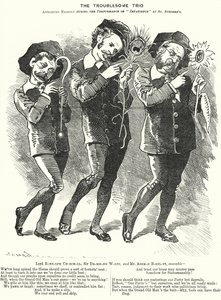 Punch cartoon: The Troublesome Trio: Lord Randolph Churchill, Henry Drummond Wolff a Ellis Ashmead-Bartlett, britští konzervativní politici (rytina) od Edward Linley (after) Sambourne