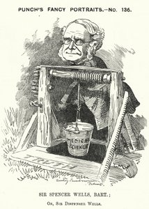 Punch cartoon: Thomas Spencer Wells, anglický lékař, chirurg královny Viktorie (rytina)