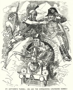 Punch cartoon: dokončení železničního tunelu St Gotthard pod Alpami (rytina) od Edward Linley (after) Sambourne