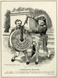 „Presentation Millstone“, premiér Asquith předává kancléři státní pokladny Lloydu Georgeovi systém starobních penzí, 1908 od Edward Linley Sambourne