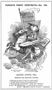 Alfred Austin (1835-1913) laureát britského básníka z roku 1896. Karikatura Edwarda Linleyho Sambourna (1844-1910) v sérii Fancy Portraits v Punch, Londýn, 3. března 1883, kdy se Austin stal redaktorem National Review. Rytina. od Edward Linley Sambourne