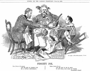 Koaliční vláda. Vévoda z Devonshire a Arthur Balfour (uprostřed) se snaží ovládnout Josepha Chamberlaina, vůdce juniorské strany v koalici. V září 1903 rezignoval, aby mohl svobodně prosazovat své celní reformy. Karikatura od Edwarda Linleyho Sambourna sem