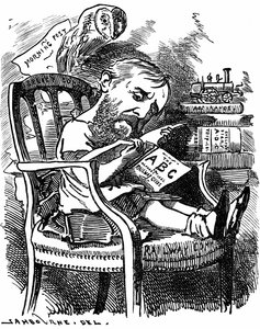 Evelyn Ashley (1836-1907) anglický spisovatel a liberální politik: syn 7. hraběte z Shaftesbury. Karikatura od Edwarda Linleyho Sambourna v sérii Fancy Portraits z Punch London dubna 1881, kdy byla Ashley náměstkyní tajemníka na Board of Trade. od Edward Linley Sambourne
