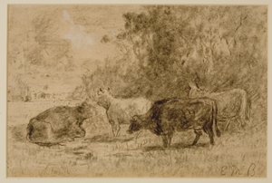 Krajina se čtyřmi krávami, c. 80. léta 19. století (uhlí na papíře)