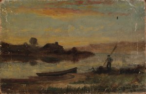 Bez názvu (krajina, loď zakotvená u břehu s kráčejícím mužem) od Edward Mitchell Bannister