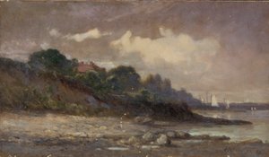 Bez názvu (pobřeží s plachetnicemi a střechou) od Edward Mitchell Bannister