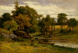 Krajina bez názvu, loď kotvící poblíž potoka, muž jdoucí v popředí, 1879.