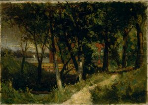 Krajina bez názvu, lesní scéna s červeným plotem a budovou, 1893. od Edward Mitchell Bannister