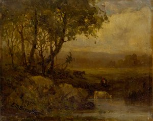 Krajina bez názvu, břeh řeky, tři krávy. od Edward Mitchell Bannister
