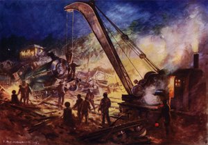 Jeřáb odklízení trosek z místa železničního neštěstí (barva lito) od Edward Parick Kinsella