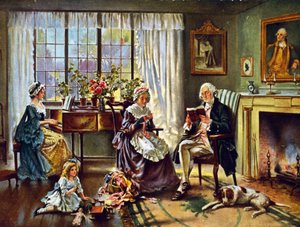George Washington (1732-1799) První prezident Spojených států amerických (1789-1797). Washington doma s rodinou. Podle obrazu Edwarda P. Morana (1862-1935).
