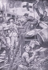 Falešný muž ze sanitky ničící obchody v Komati Foort pod vlajkou Červeného kříže, ilustrace z After Pretoria: The Guerilla War, 1902 od Edward Read