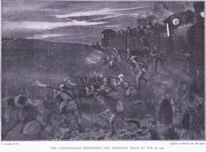 The Coldstreams bránící vykolejený vlak, ilustrace z Po Pretorii: Guerilla War, 1902 od Edward Read