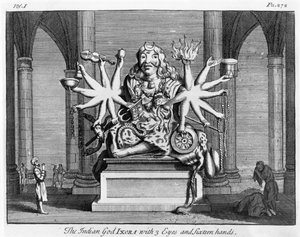 Indický bůh Ixora se 3 očima a šestnácti rukama, kolem roku 1780