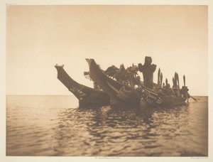 Maskovaní tanečníci v kánoích-Qagyuhl A od Edward S. Curtis