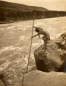 Indián Tlakluit stojící na skále a lovící ryby s namáčecí sítí, asi 1910 (čb fotografie) od Edward Sheriff Curtis