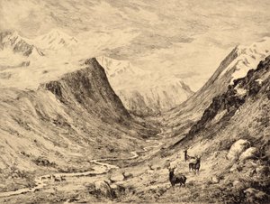 The Highland Dee: Setkání Garcharyho a Lariga Burnse, kolem roku 1880 (lept)