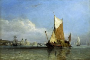 Bárka plná sena u Greenwiche na Temži (Anglie), typ lodi s plochým dnem, praktický pro vplouvání do zátočin farem v Suffolku a Margate, jezdila tam a zpět do centra Londýna, aby zásobovala senem stovky koní v hlavním městě a l od Edward William Cooke