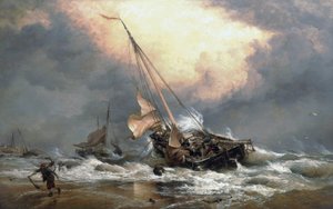 Rybáři táhnou své čluny na břehu Severního moře poblíž Scheveningenu (Nizozemsko). Olej na plátně od Edward William Cooke