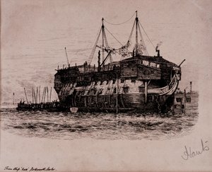 Vězeňská loď York v přístavu Portsmouth od Edward William Cooke
