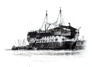 Vězeňská loď v Portsmouth Harbour: Convicts Going on Board, 1828