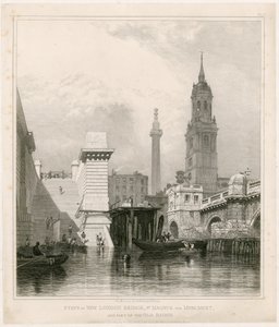 Schody New London Bridge, St Magnus, Monument a část Starého mostu od Edward William Cooke