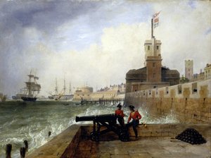Semaforová věž u vjezdu do přístavu Portsmouth (Anglie), na Nástupišti spásy, dva vojáci sedí na zdi vedle děla, v pozadí popis města a mola s kulatou věží. od Edward William Cooke