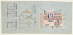 Front Elevation and Section for House and Studio for Frank Miles (1852-91), Tite Street, Chelsea, 1878-79 (wc and tužka na papíře) (viz také 176481-482, 176484-485) od Edward William Godwin