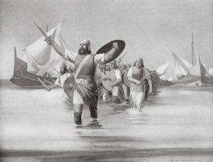 Vylodění Sidonců v Kartágu (litografie) od Edwin A. Morrow