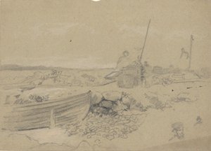 Plážová scéna s dory od Edwin Austin Abbey